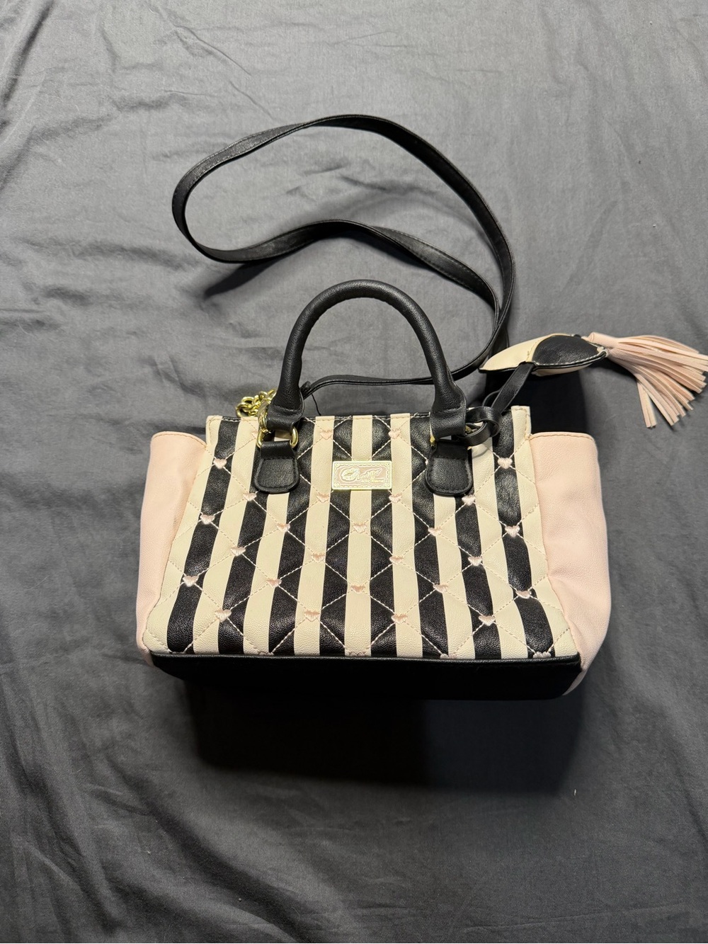 Betsey Johnson Black, Cream & Blush Quilted Striped Satchel with Tassel Accent